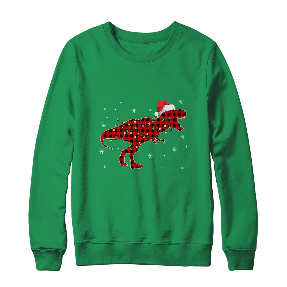 Red Plaid Dinosaur Christmas Lights Santa Hat Pajamas T-Shirt & Sweatshirt | Teecentury.com