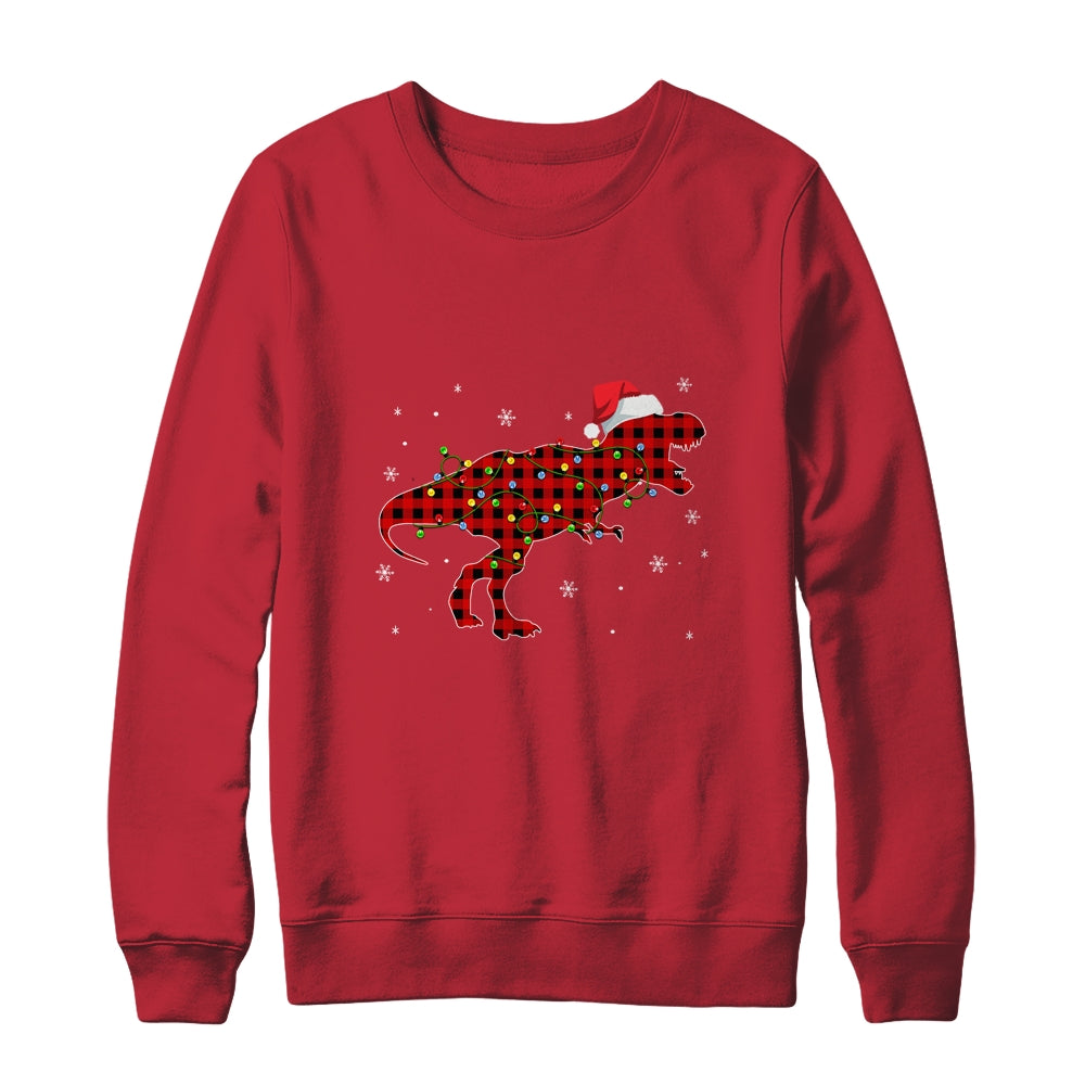 Red Plaid Dinosaur Christmas Lights Santa Hat Pajamas T-Shirt & Sweatshirt | Teecentury.com