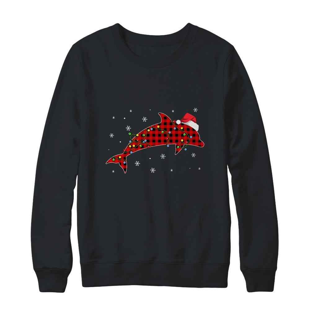 Red Plaid Dolphin Christmas Lights Santa Hat Pajamas T-Shirt & Sweatshirt | Teecentury.com