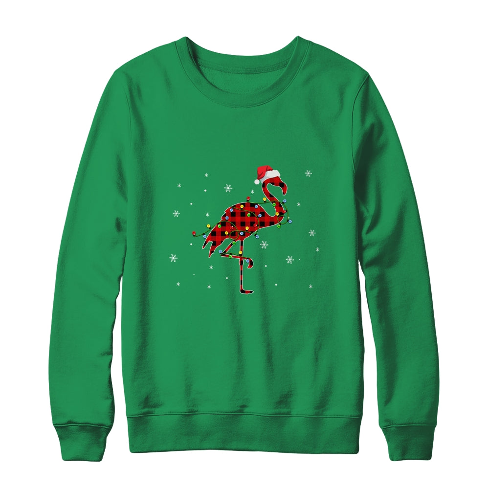 Red Plaid Flamingo Christmas Lights Santa Hat Pajamas T-Shirt & Sweatshirt | Teecentury.com