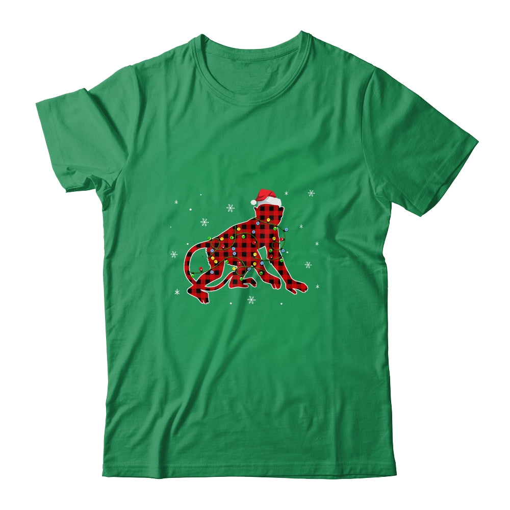 Red Plaid Monkey Christmas Lights Santa Hat Pajamas T-Shirt & Sweatshirt | Teecentury.com