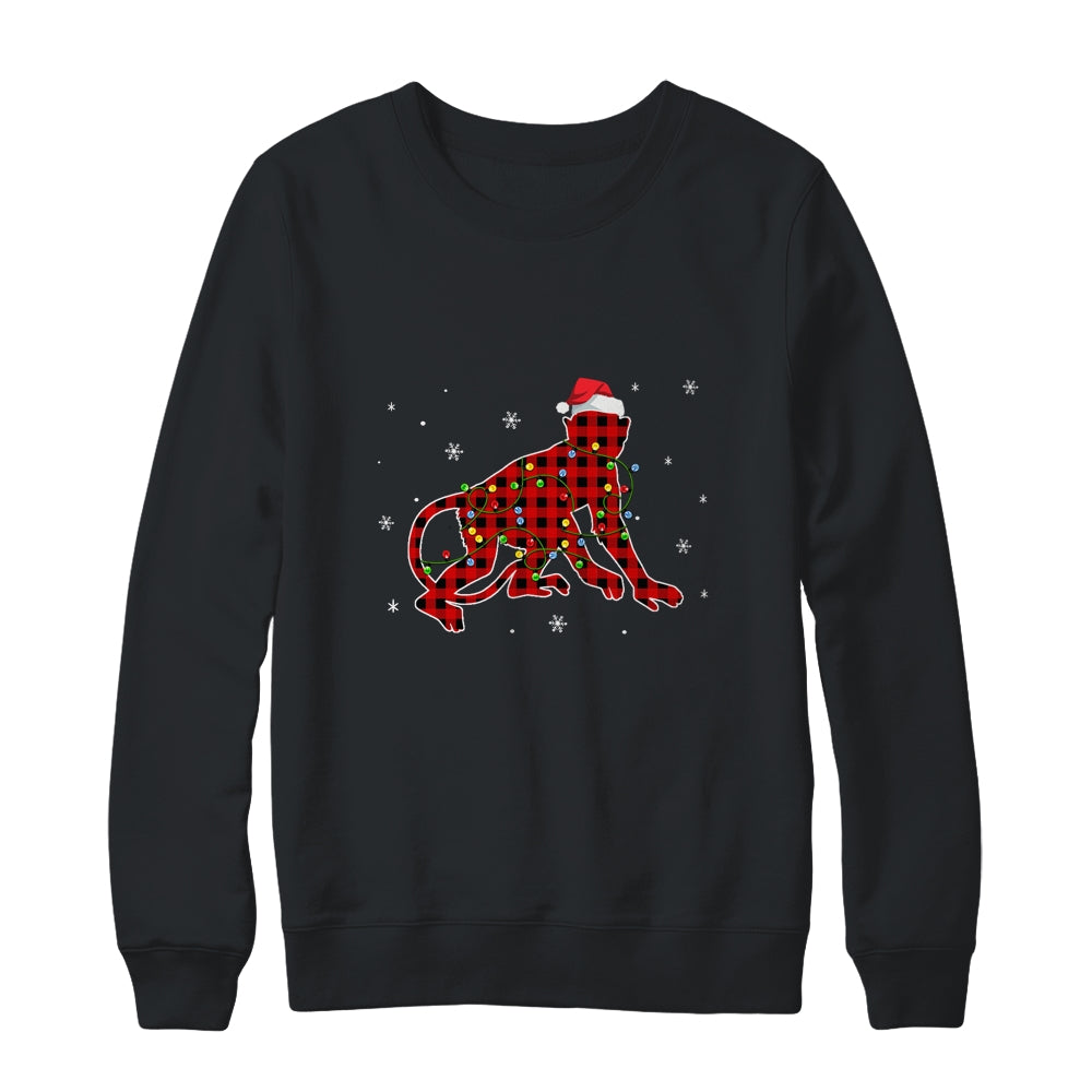 Red Plaid Monkey Christmas Lights Santa Hat Pajamas T-Shirt & Sweatshirt | Teecentury.com