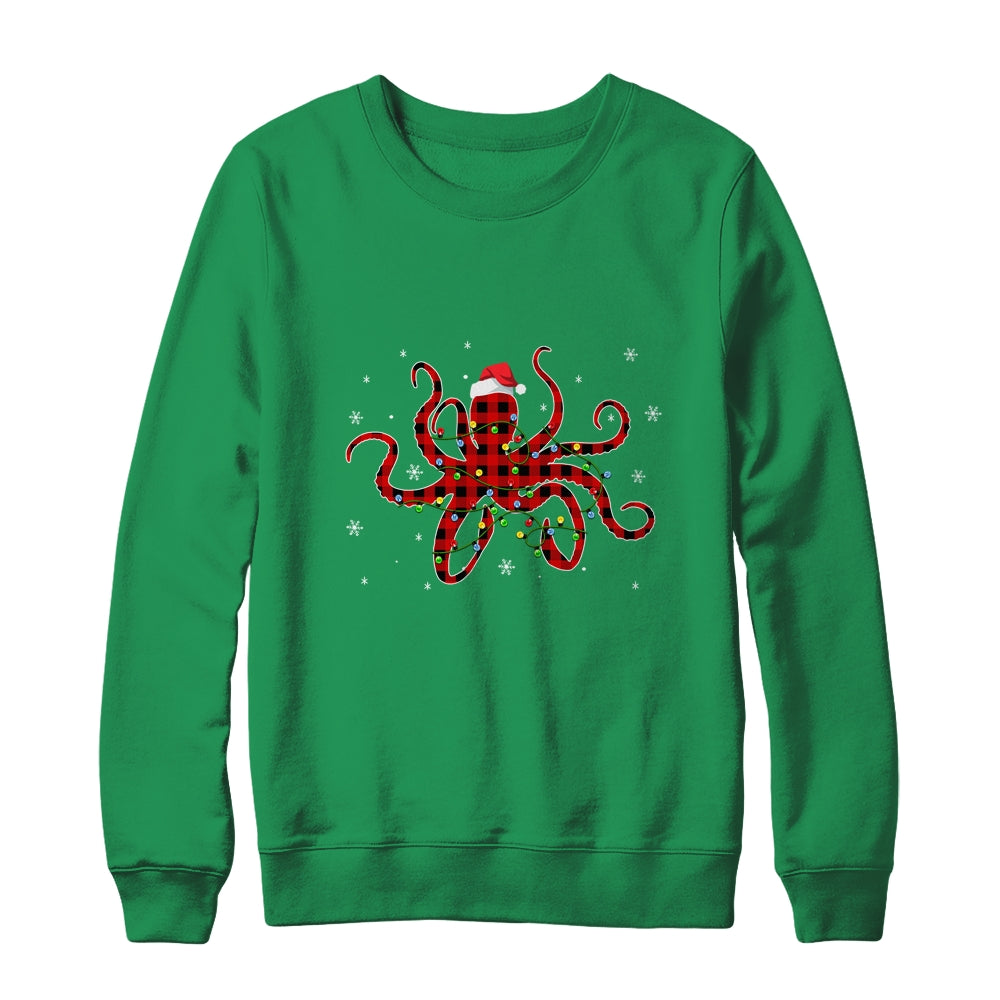 Red Plaid Octopus Christmas Lights Santa Hat Pajamas T-Shirt & Sweatshirt | Teecentury.com
