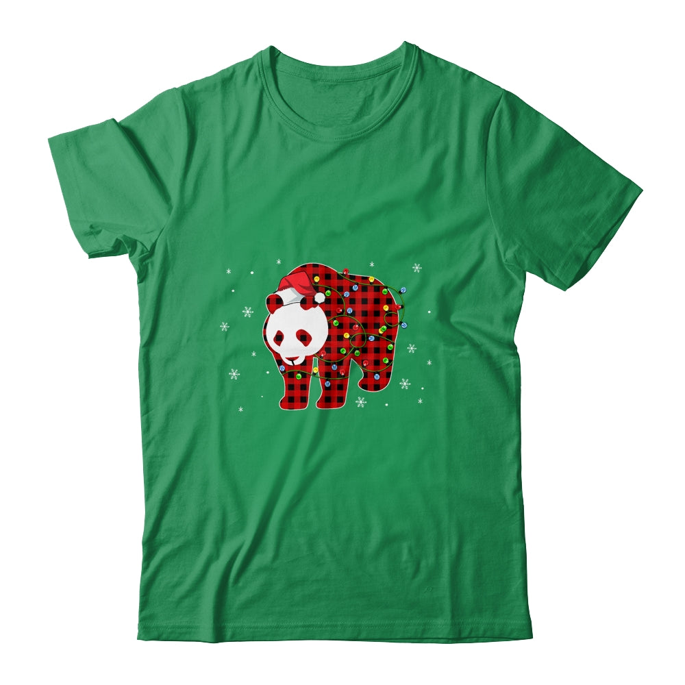 Red Plaid Panda Bear Christmas Lights Santa Hat Pajamas T-Shirt & Sweatshirt | Teecentury.com
