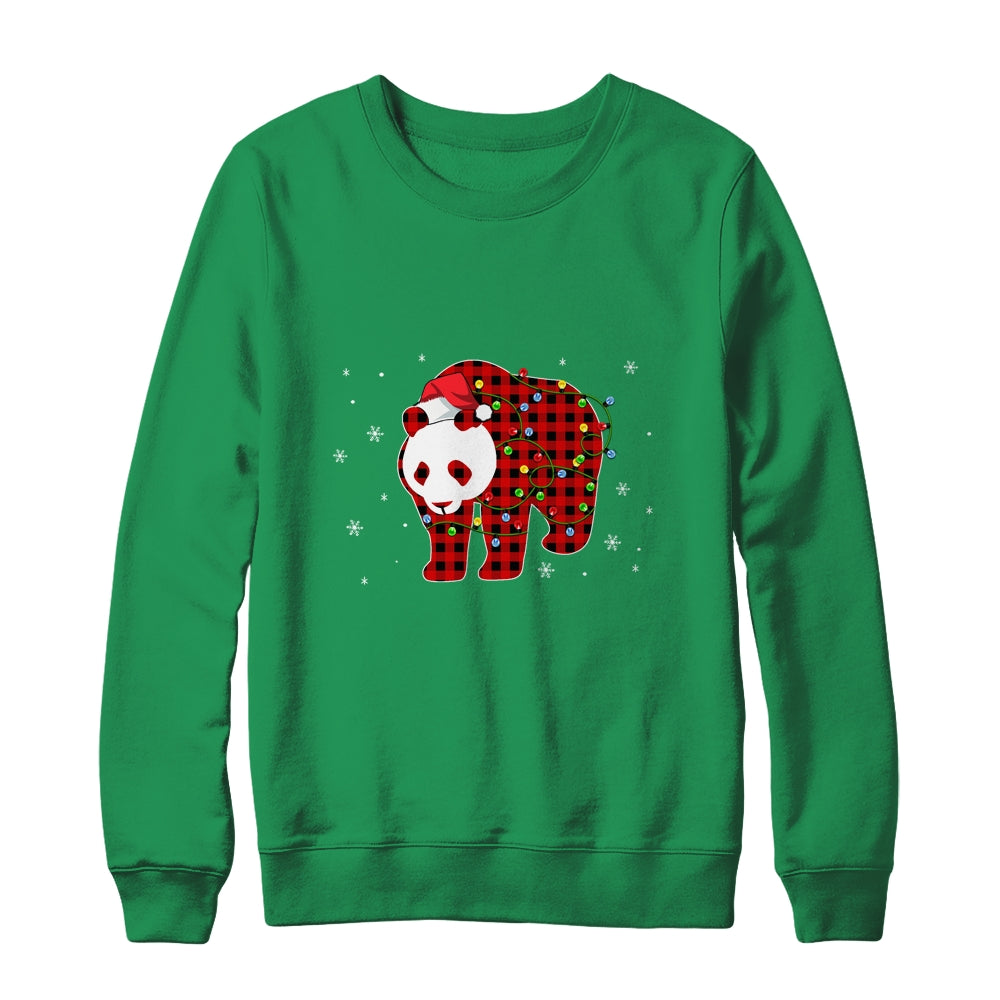 Red Plaid Panda Bear Christmas Lights Santa Hat Pajamas T-Shirt & Sweatshirt | Teecentury.com