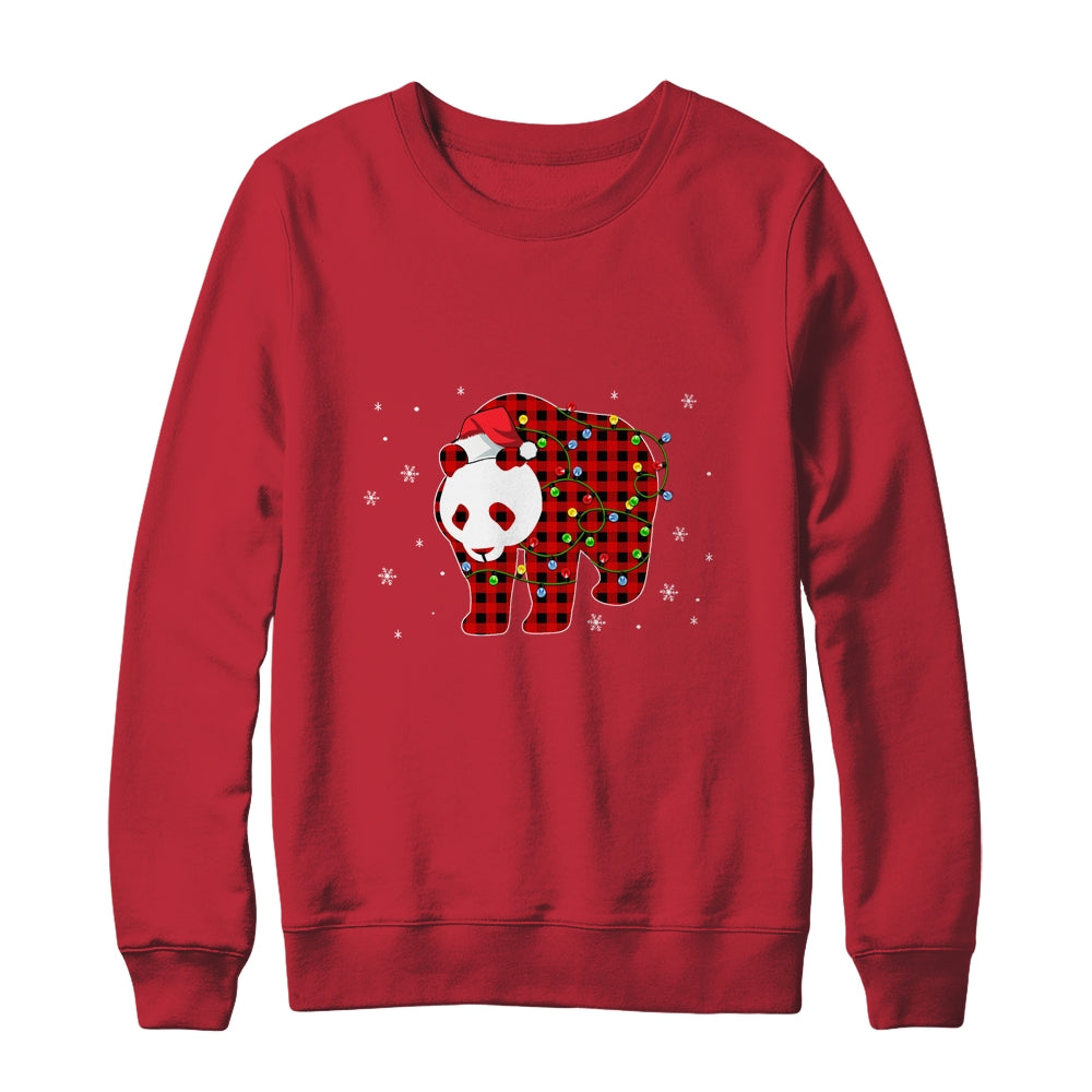 Red Plaid Panda Bear Christmas Lights Santa Hat Pajamas T-Shirt & Sweatshirt | Teecentury.com