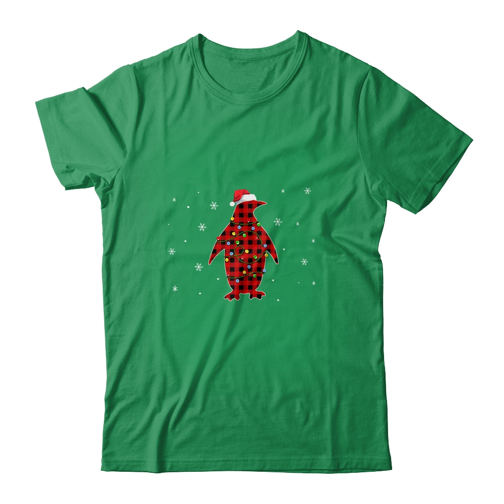 Red Plaid Penguin Christmas Lights Santa Hat Pajamas T-Shirt & Sweatshirt | Teecentury.com