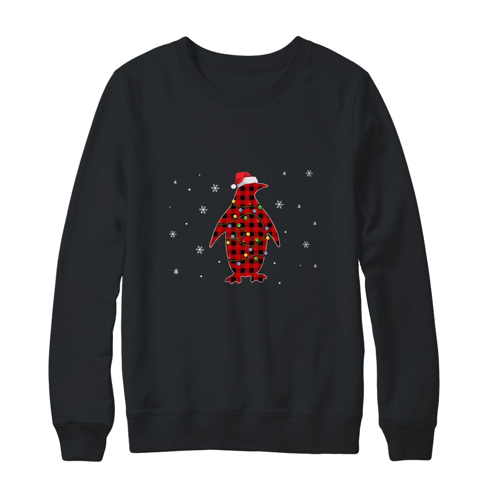 Red Plaid Penguin Christmas Lights Santa Hat Pajamas T-Shirt & Sweatshirt | Teecentury.com