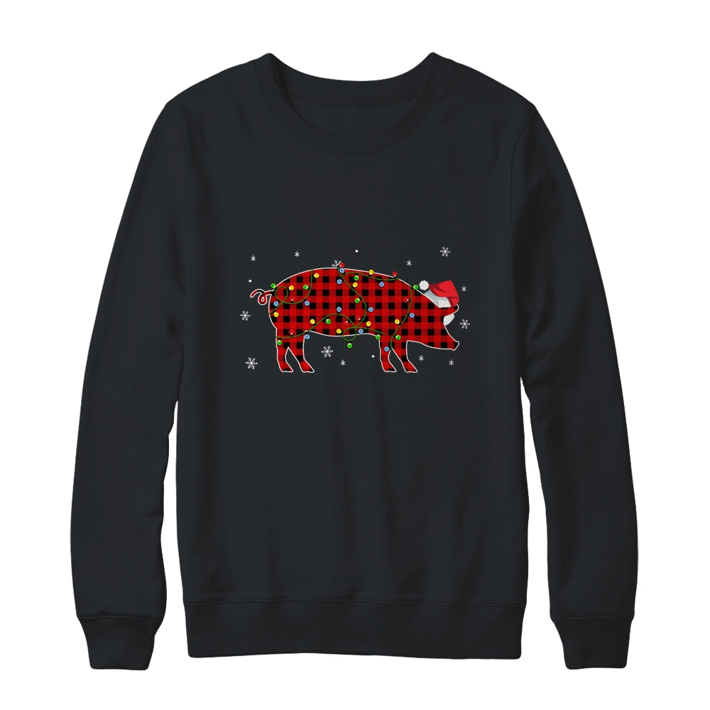 Red Plaid Pig Christmas Lights Santa Hat Pajamas T-Shirt & Sweatshirt | Teecentury.com