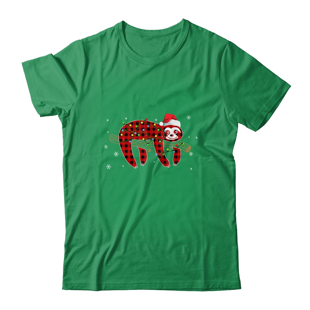 Red Plaid Sloth Christmas Lights Santa Hat Pajamas T-Shirt & Sweatshirt | Teecentury.com