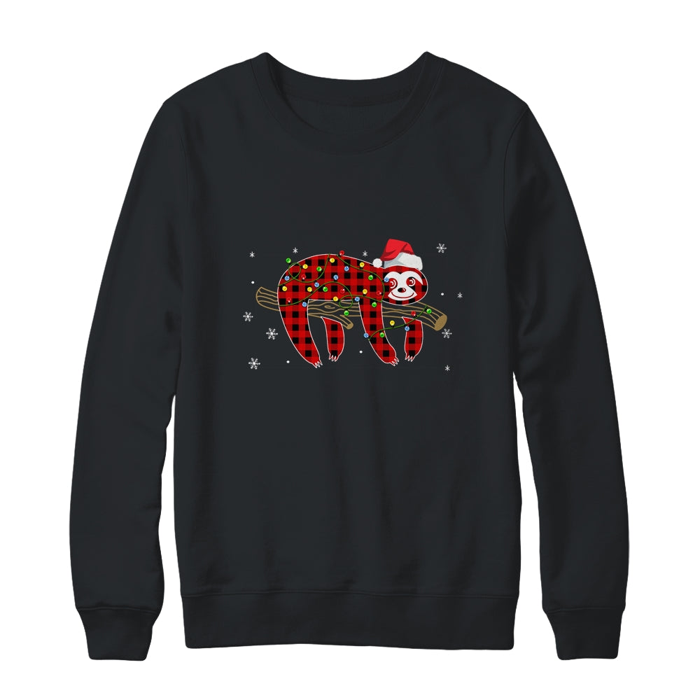 Red Plaid Sloth Christmas Lights Santa Hat Pajamas T-Shirt & Sweatshirt | Teecentury.com