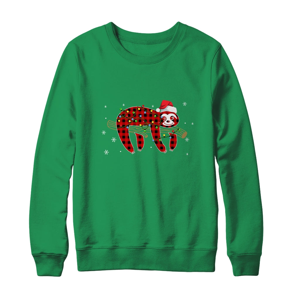 Red Plaid Sloth Christmas Lights Santa Hat Pajamas T-Shirt & Sweatshirt | Teecentury.com