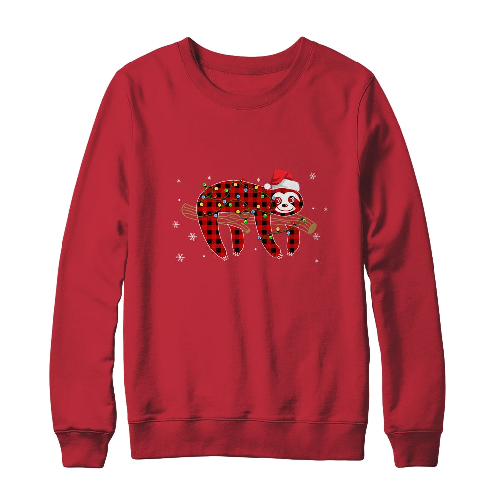 Red Plaid Sloth Christmas Lights Santa Hat Pajamas T-Shirt & Sweatshirt | Teecentury.com