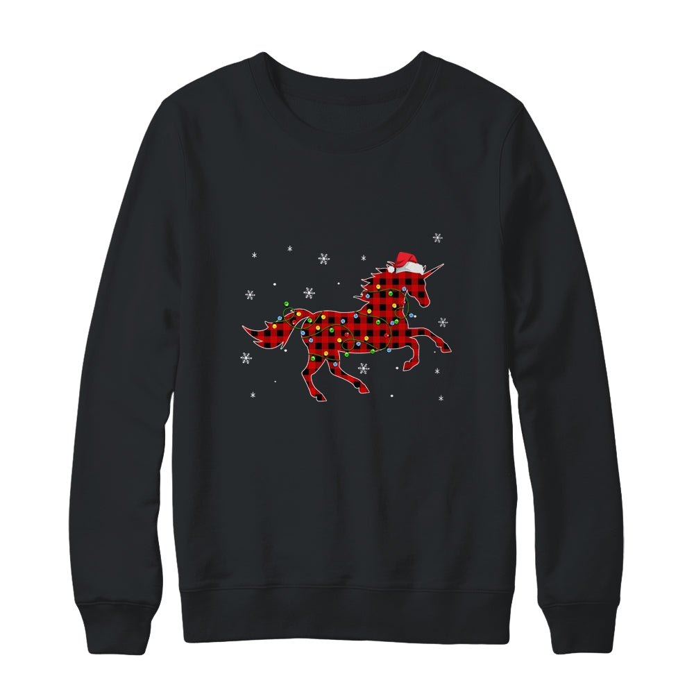 Red Plaid Unicorn Christmas Lights Santa Hat Pajamas T-Shirt & Sweatshirt | Teecentury.com
