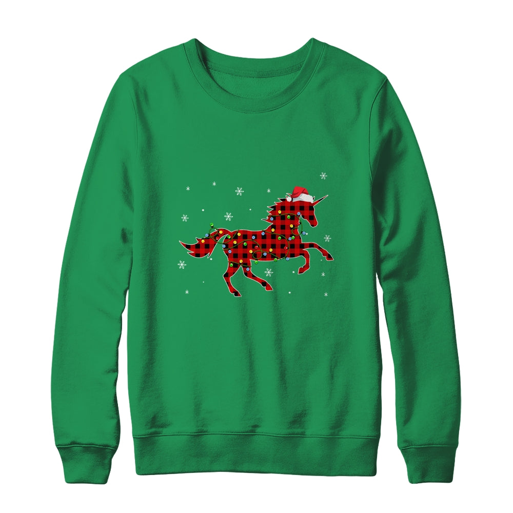 Red Plaid Unicorn Christmas Lights Santa Hat Pajamas T-Shirt & Sweatshirt | Teecentury.com