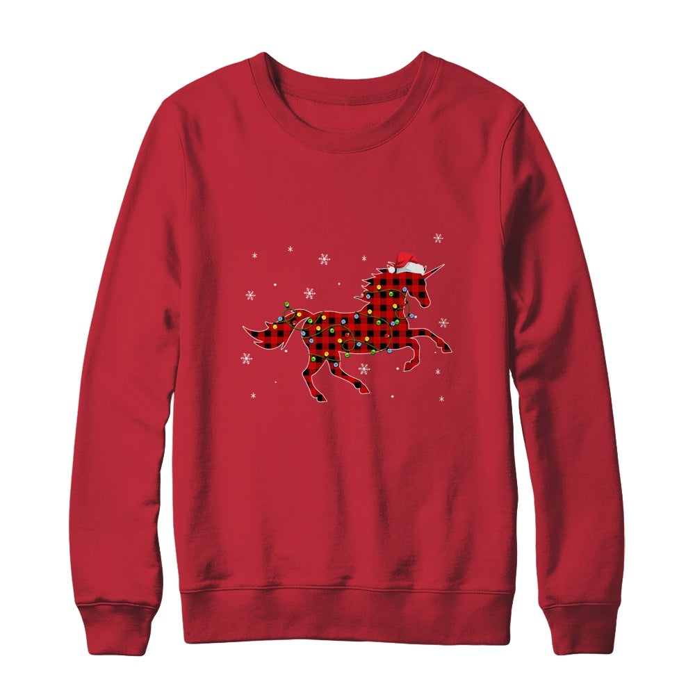 Red Plaid Unicorn Christmas Lights Santa Hat Pajamas T-Shirt & Sweatshirt | Teecentury.com