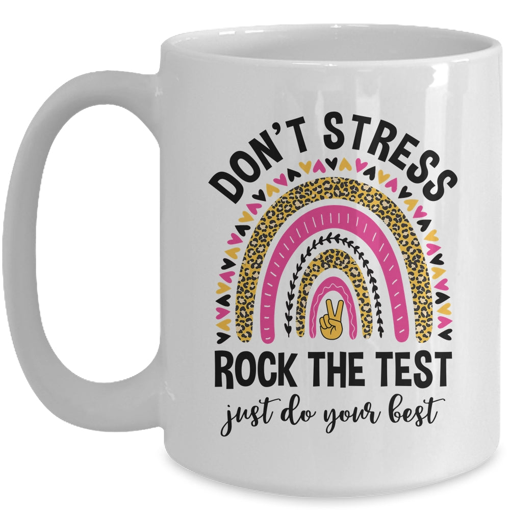 Rock The Test Test Day Teacher Testing Day Rainbow Leopard Mug | teecentury