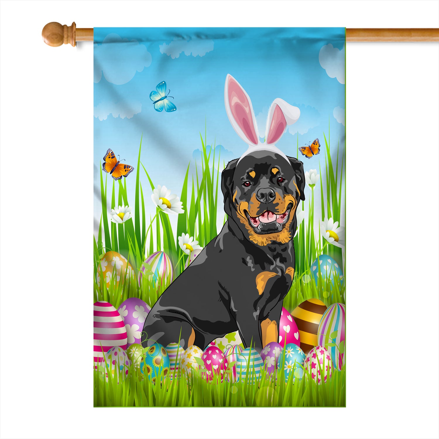 Rottweiler Happy Easter Day Holiday Flag Funny Dog Dog Wear Bunny Ears Headband Cute for Home Decor | teecentury