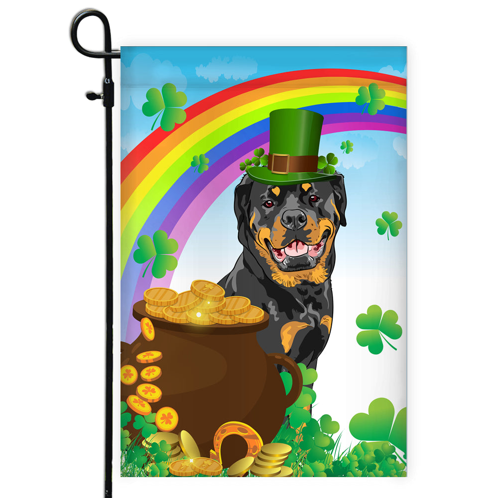 Rottweiler St Patrick's Day Dog Flag Funny Peeking Dog Wear Green Hat Golden Pot Coin Shamrock Rainbow Spring Banner for Home Decor | teecentury
