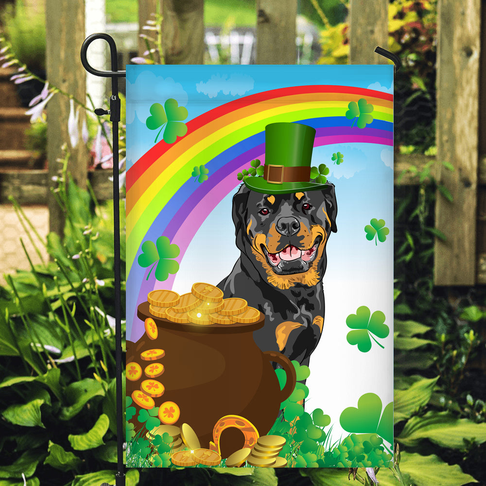 Rottweiler St Patrick's Day Dog Flag Funny Peeking Dog Wear Green Hat Golden Pot Coin Shamrock Rainbow Spring Banner for Home Decor | teecentury