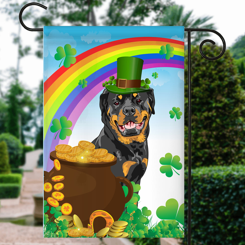 Rottweiler St Patrick's Day Dog Flag Funny Peeking Dog Wear Green Hat Golden Pot Coin Shamrock Rainbow Spring Banner for Home Decor | teecentury