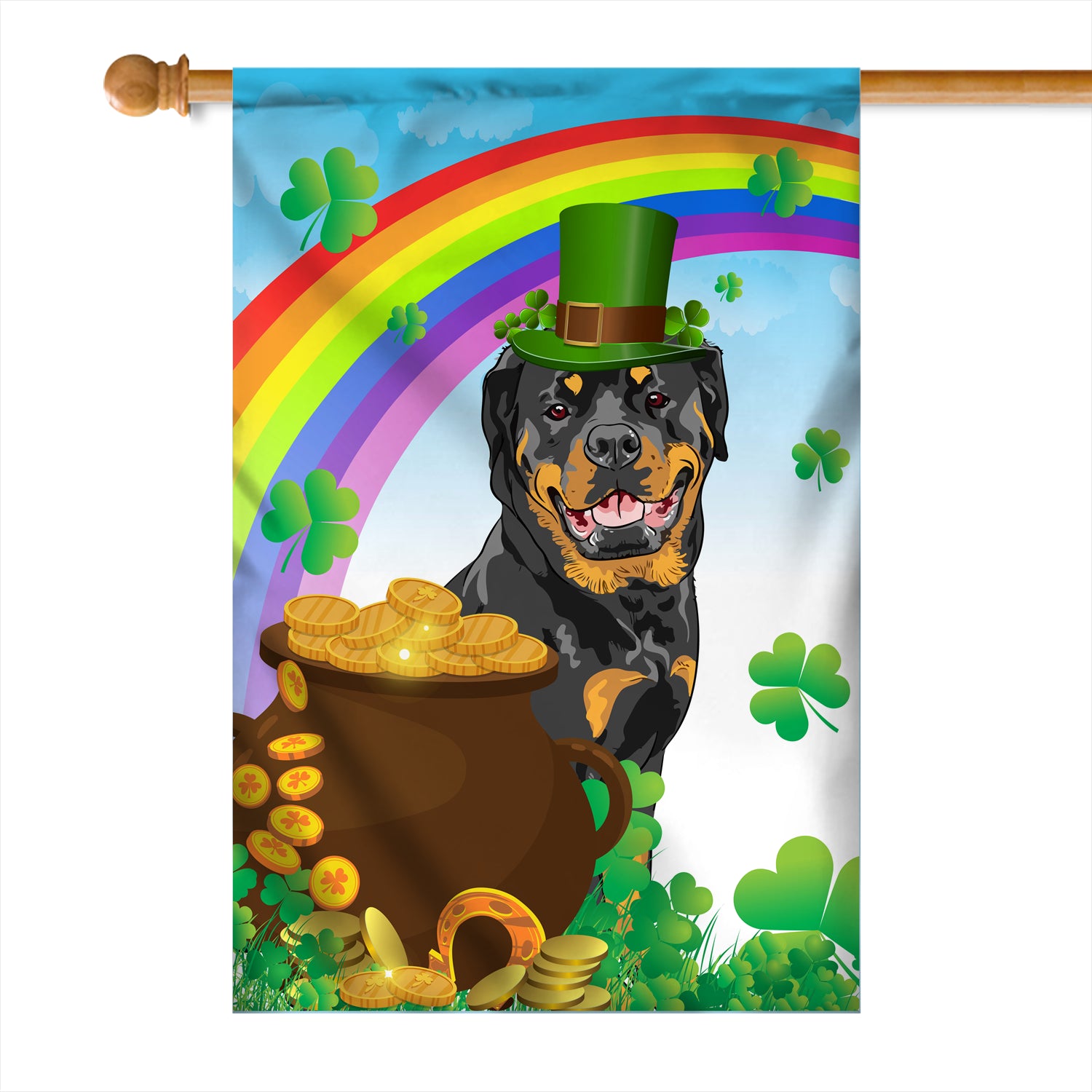 Rottweiler St Patrick's Day Dog Flag Funny Peeking Dog Wear Green Hat Golden Pot Coin Shamrock Rainbow Spring Banner for Home Decor | teecentury