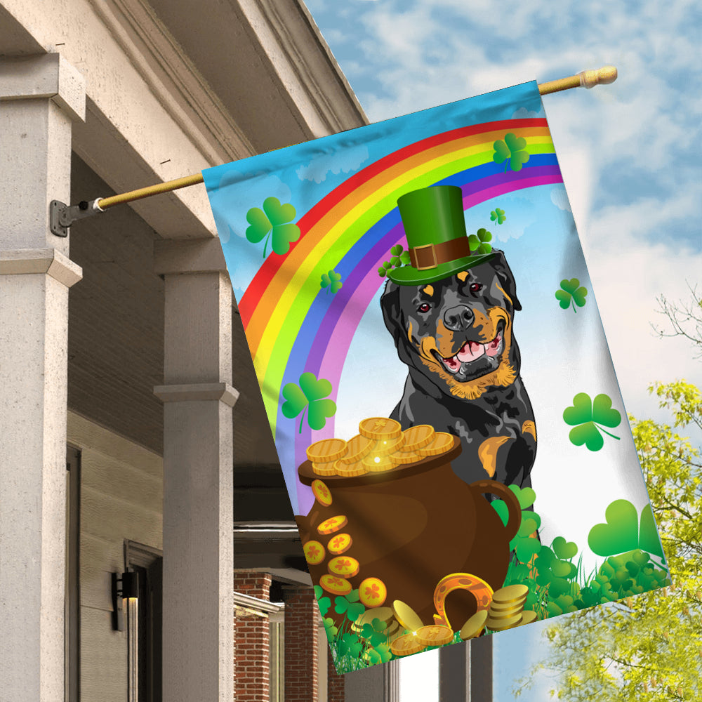 Rottweiler St Patrick's Day Dog Flag Funny Peeking Dog Wear Green Hat Golden Pot Coin Shamrock Rainbow Spring Banner for Home Decor | teecentury