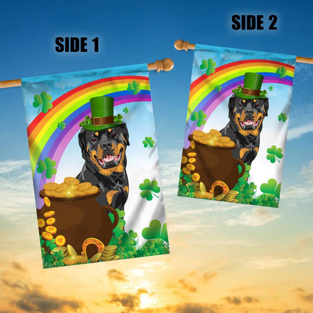 Rottweiler St Patrick's Day Dog Flag Funny Peeking Dog Wear Green Hat Golden Pot Coin Shamrock Rainbow Spring Banner for Home Decor | teecentury