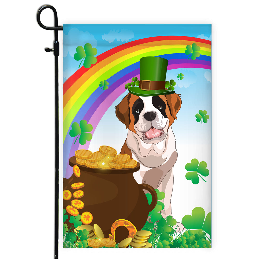Saint Bernard St Patrick's Day Dog Flag Funny Peeking Dog Wear Green Hat Golden Pot Coin Shamrock Rainbow Spring Banner for Home Decor | teecentury