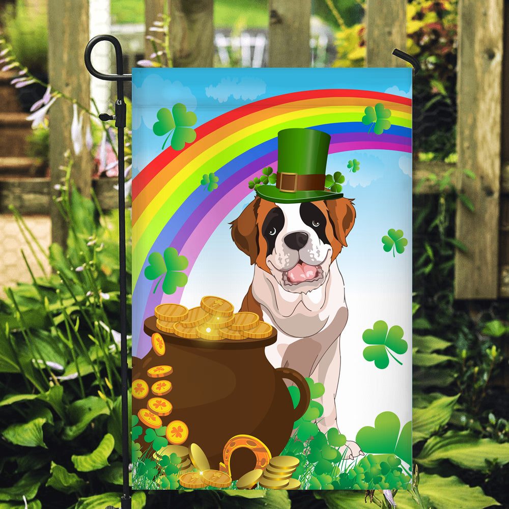 Saint Bernard St Patrick's Day Dog Flag Funny Peeking Dog Wear Green Hat Golden Pot Coin Shamrock Rainbow Spring Banner for Home Decor | teecentury