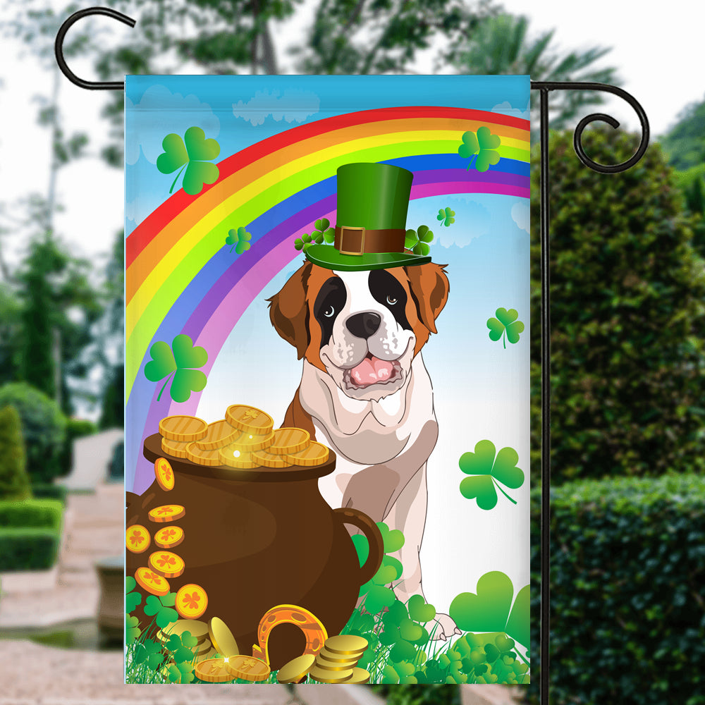 Saint Bernard St Patrick's Day Dog Flag Funny Peeking Dog Wear Green Hat Golden Pot Coin Shamrock Rainbow Spring Banner for Home Decor | teecentury