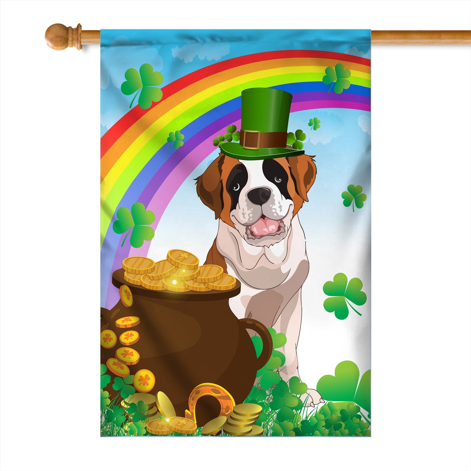 Saint Bernard St Patrick's Day Dog Flag Funny Peeking Dog Wear Green Hat Golden Pot Coin Shamrock Rainbow Spring Banner for Home Decor | teecentury