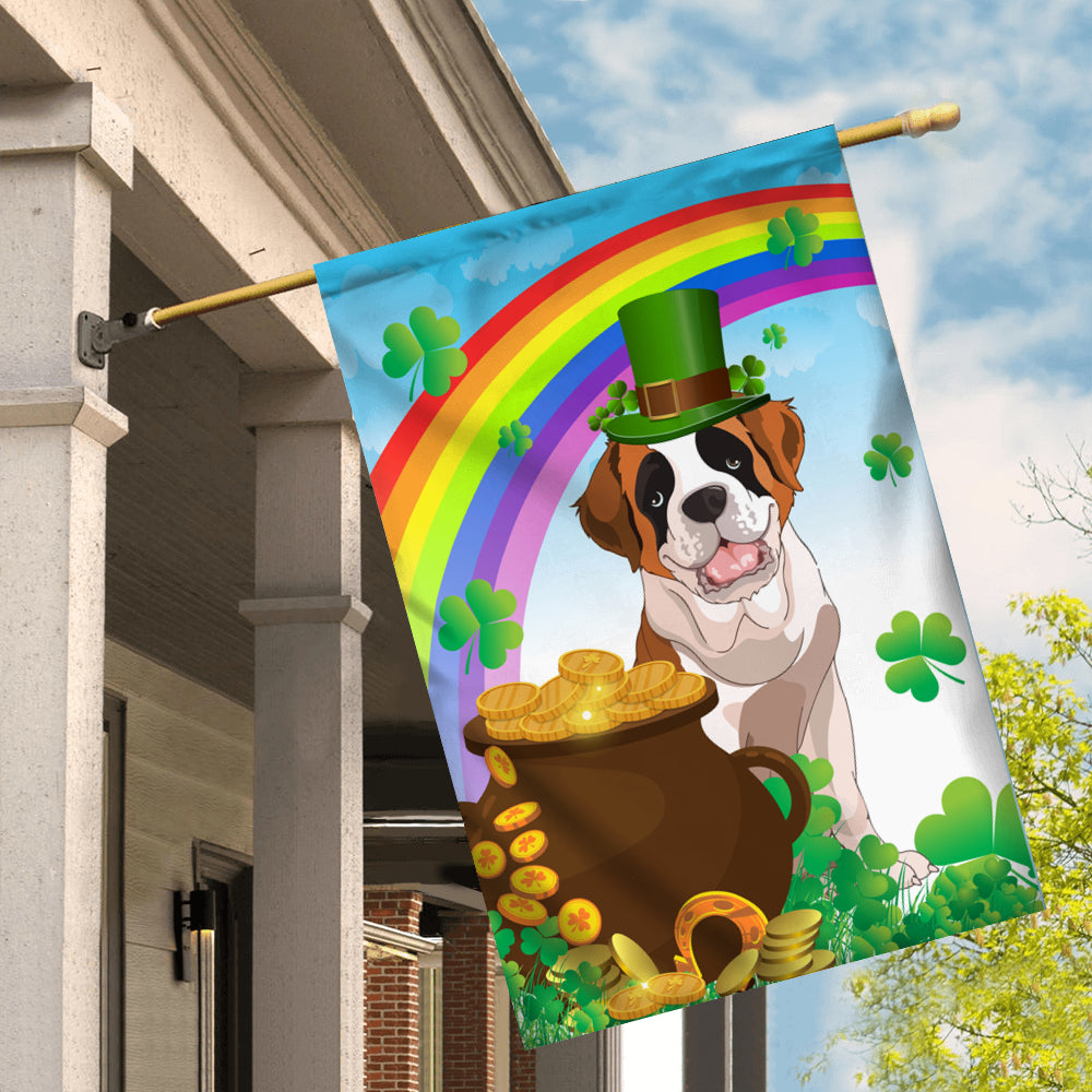 Saint Bernard St Patrick's Day Dog Flag Funny Peeking Dog Wear Green Hat Golden Pot Coin Shamrock Rainbow Spring Banner for Home Decor | teecentury