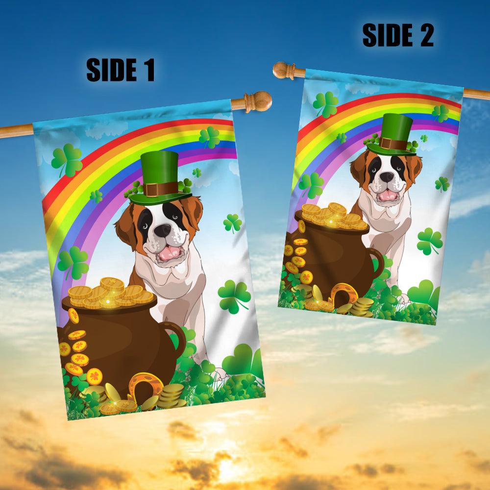 Saint Bernard St Patrick's Day Dog Flag Funny Peeking Dog Wear Green Hat Golden Pot Coin Shamrock Rainbow Spring Banner for Home Decor | teecentury