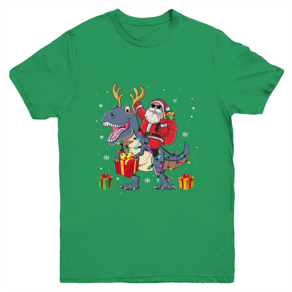 Santa Riding Dinosaur T Rex Deer Christmas Boys Youth Youth Shirt | Teecentury.com