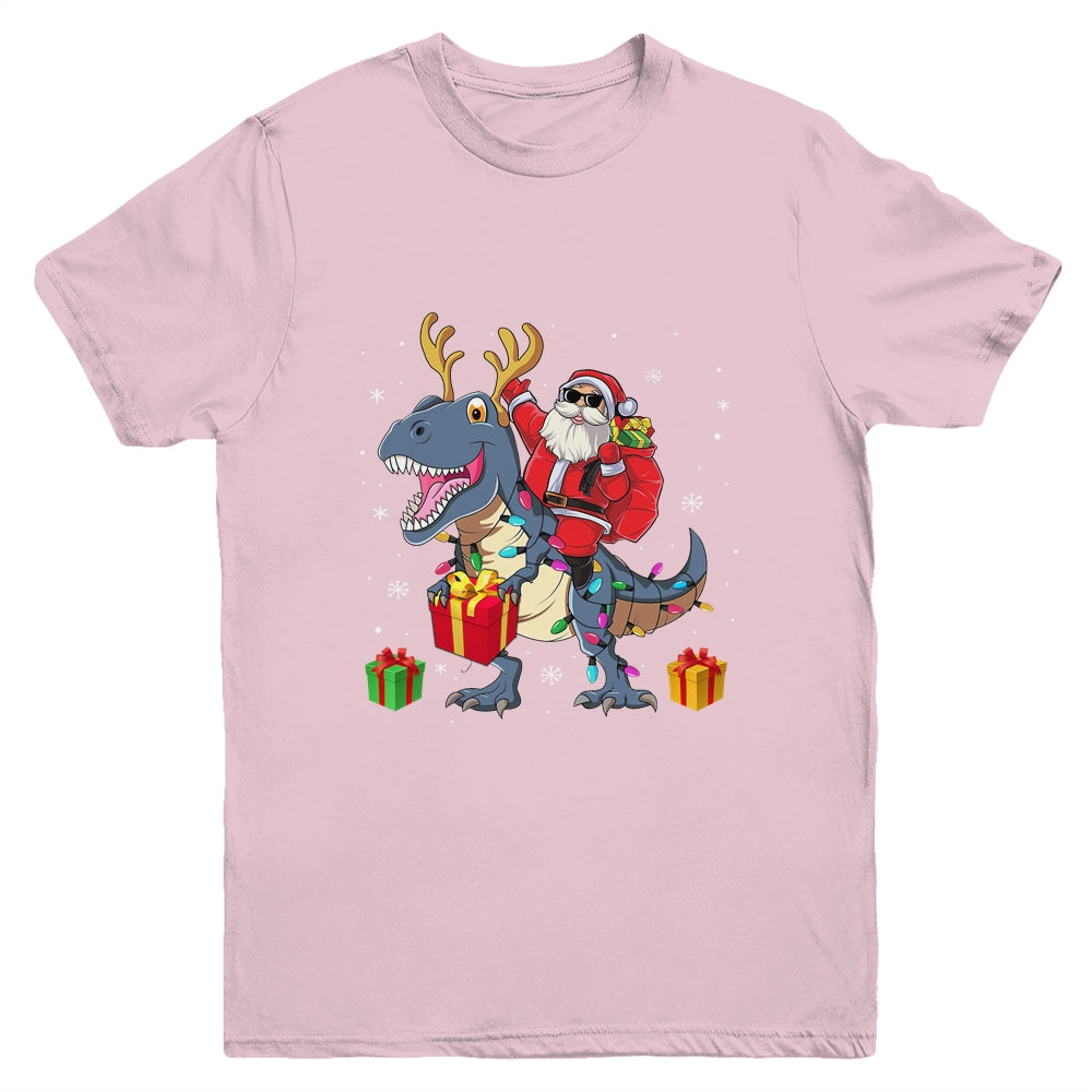 Santa Riding Dinosaur T Rex Deer Christmas Boys Youth Youth Shirt | Teecentury.com