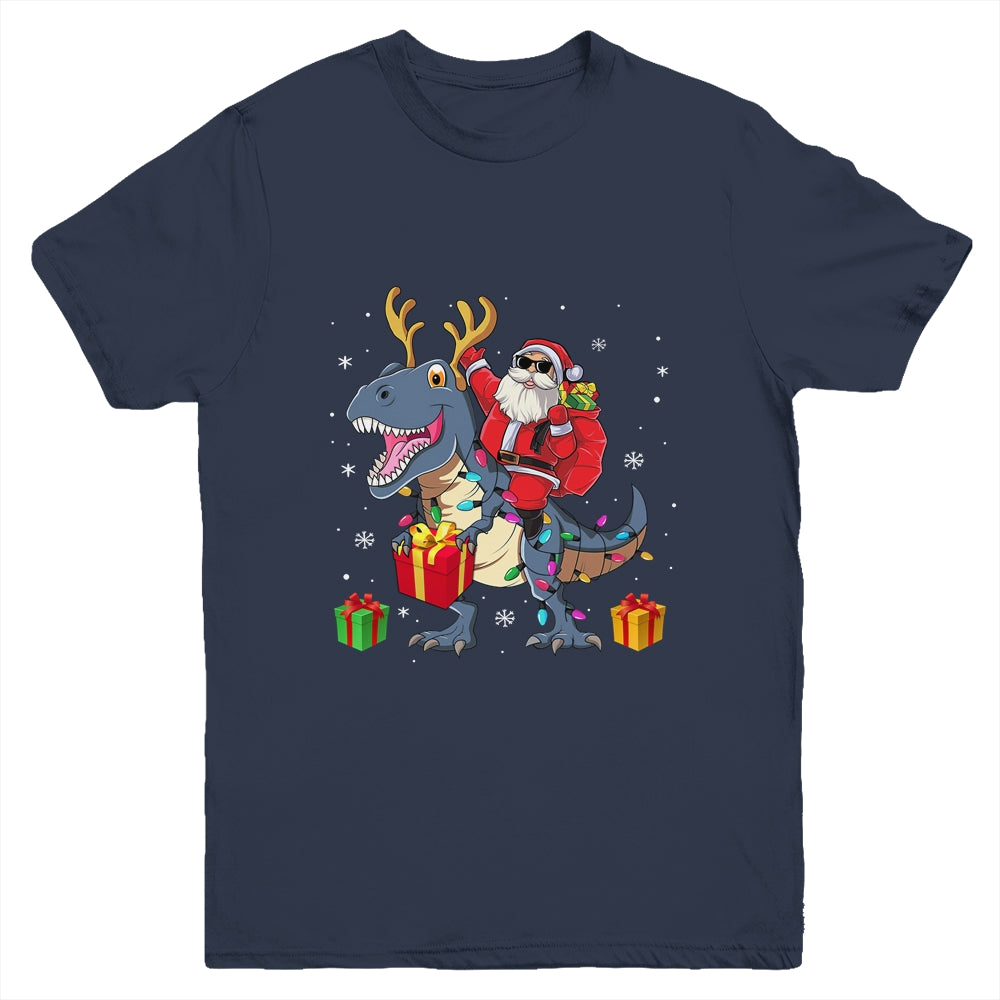 Santa Riding Dinosaur T Rex Deer Christmas Boys Youth Youth Shirt | Teecentury.com