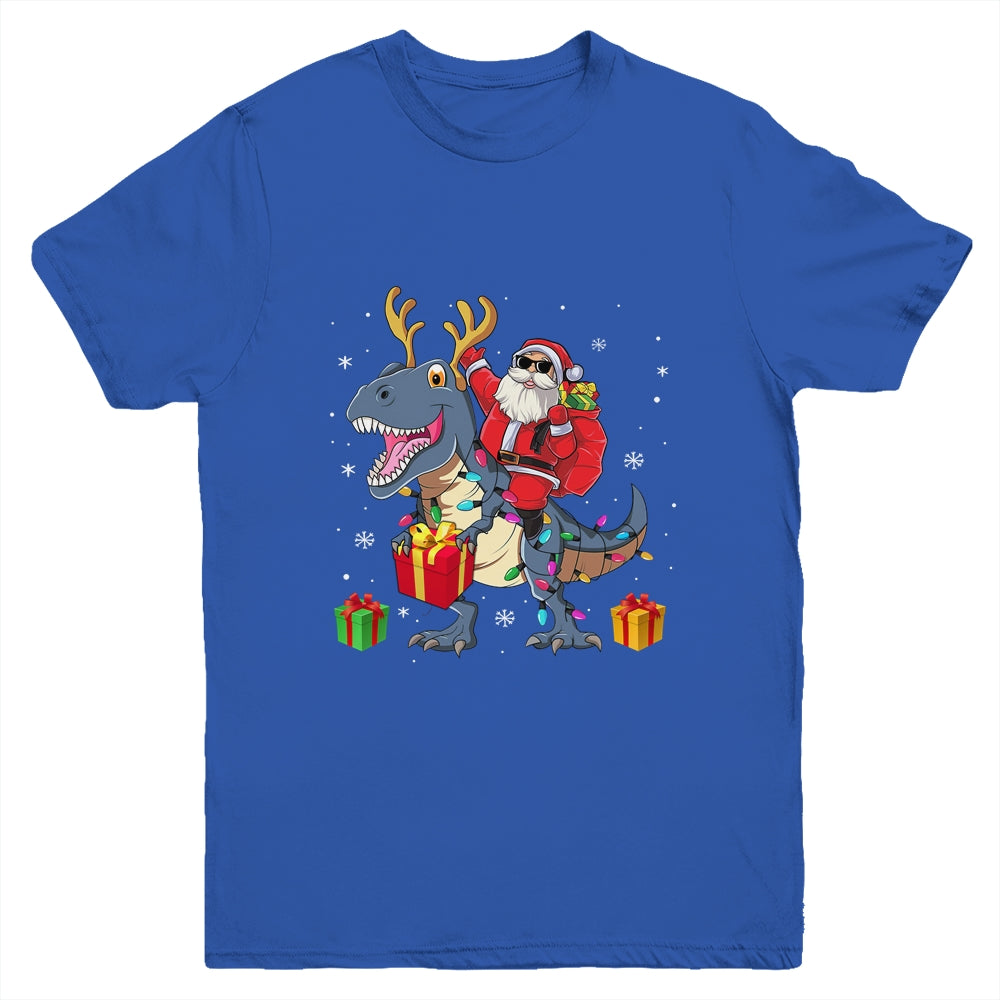 Santa Riding Dinosaur T Rex Deer Christmas Boys Youth Youth Shirt | Teecentury.com