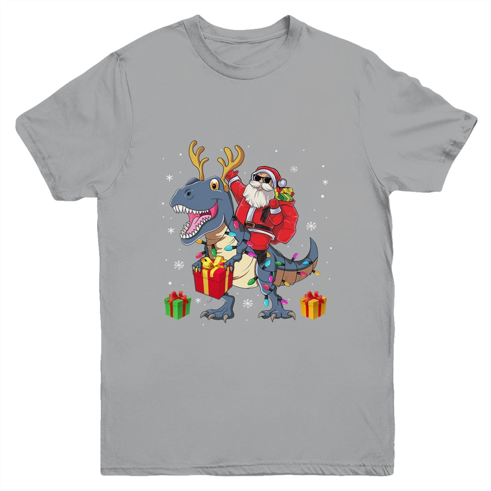 Santa Riding Dinosaur T Rex Deer Christmas Boys Youth Youth Shirt | Teecentury.com