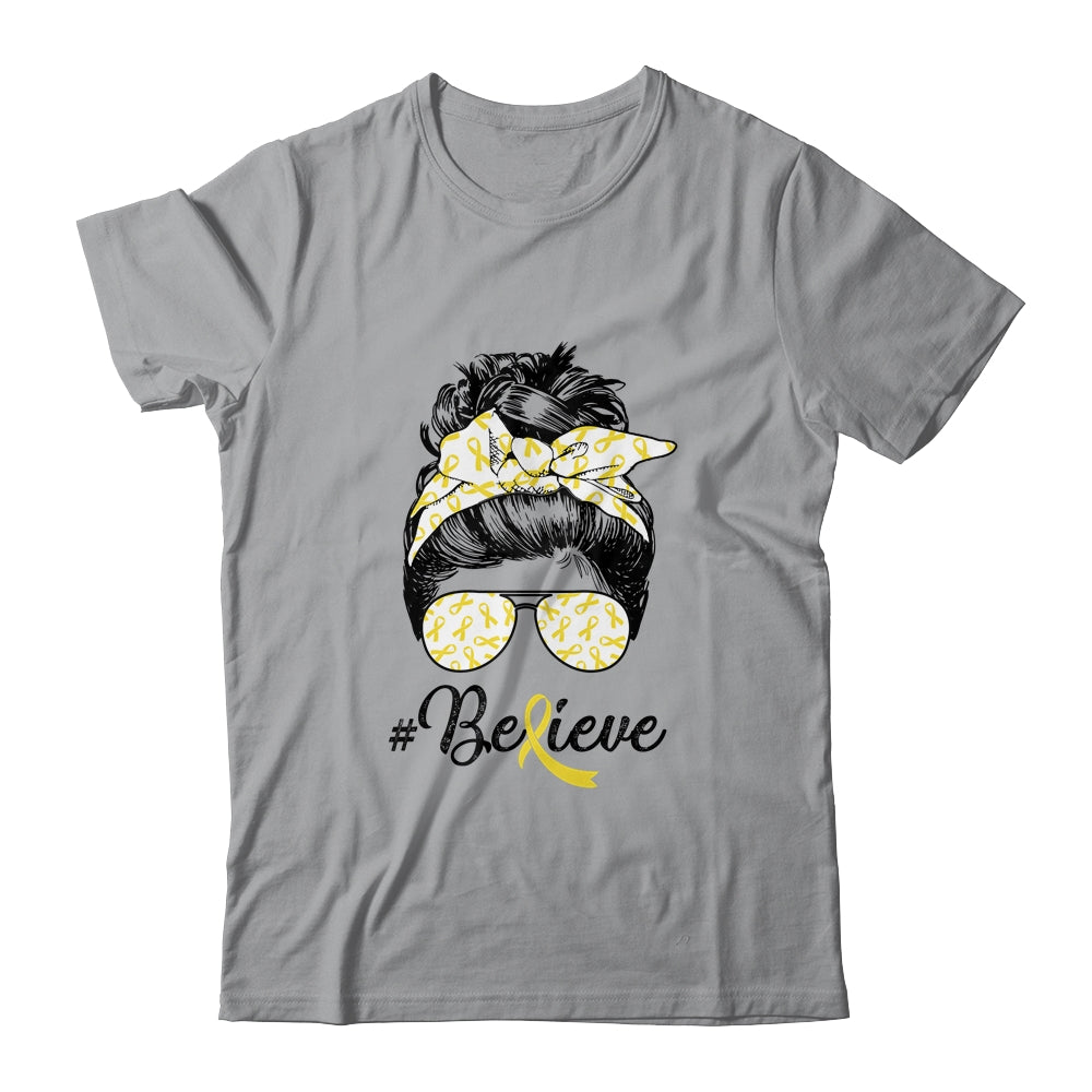 Sarcoma Awareness Messy Bun Warrior Believe Yellow Ribbon T-Shirt & Tank Top | Teecentury.com
