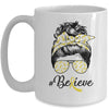 Sarcoma Awareness Messy Bun Warrior Believe Yellow Ribbon Mug Coffee Mug | Teecentury.com