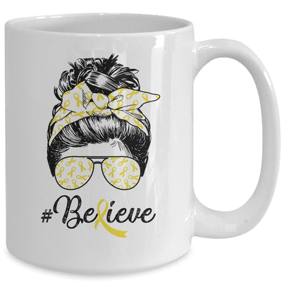 Sarcoma Awareness Messy Bun Warrior Believe Yellow Ribbon Mug Coffee Mug | Teecentury.com