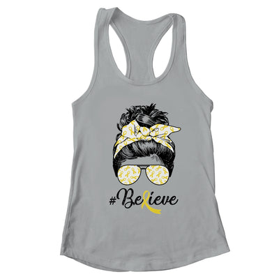 Sarcoma Awareness Messy Bun Warrior Believe Yellow Ribbon T-Shirt & Tank Top | Teecentury.com