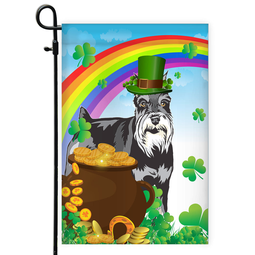 Schnauzer St Patrick's Day Dog Flag Funny Peeking Dog Wear Green Hat Golden Pot Coin Shamrock Rainbow Spring Banner for Home Decor | teecentury