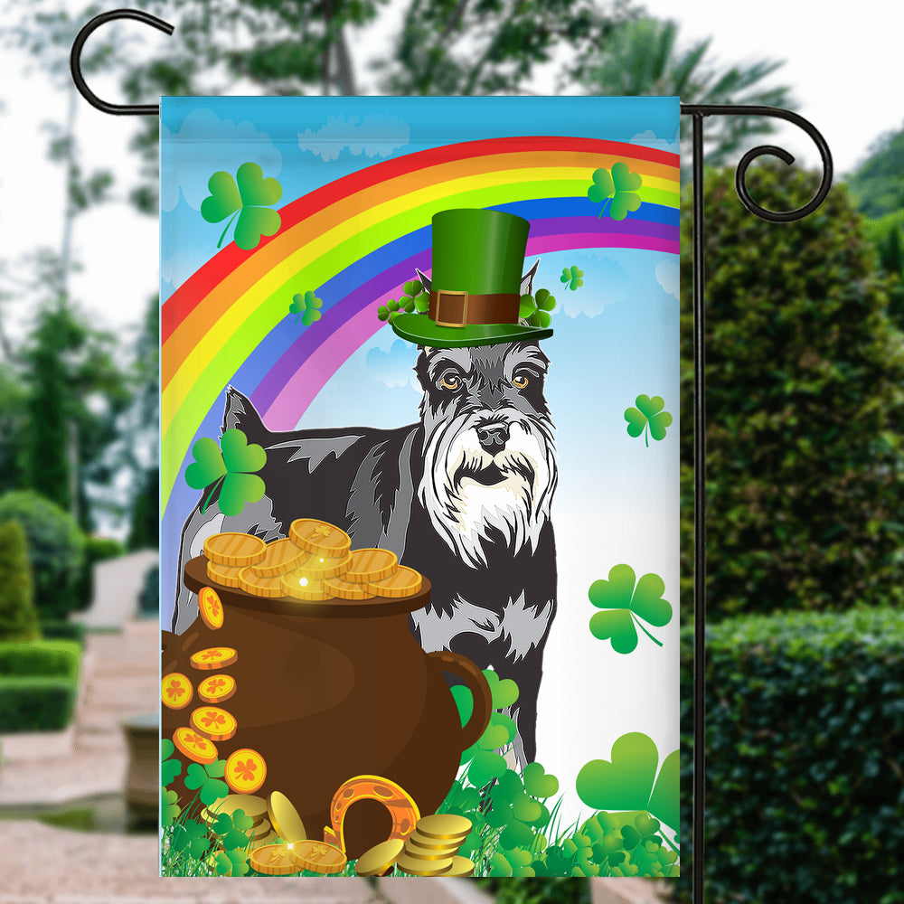 Schnauzer St Patrick's Day Dog Flag Funny Peeking Dog Wear Green Hat Golden Pot Coin Shamrock Rainbow Spring Banner for Home Decor | teecentury