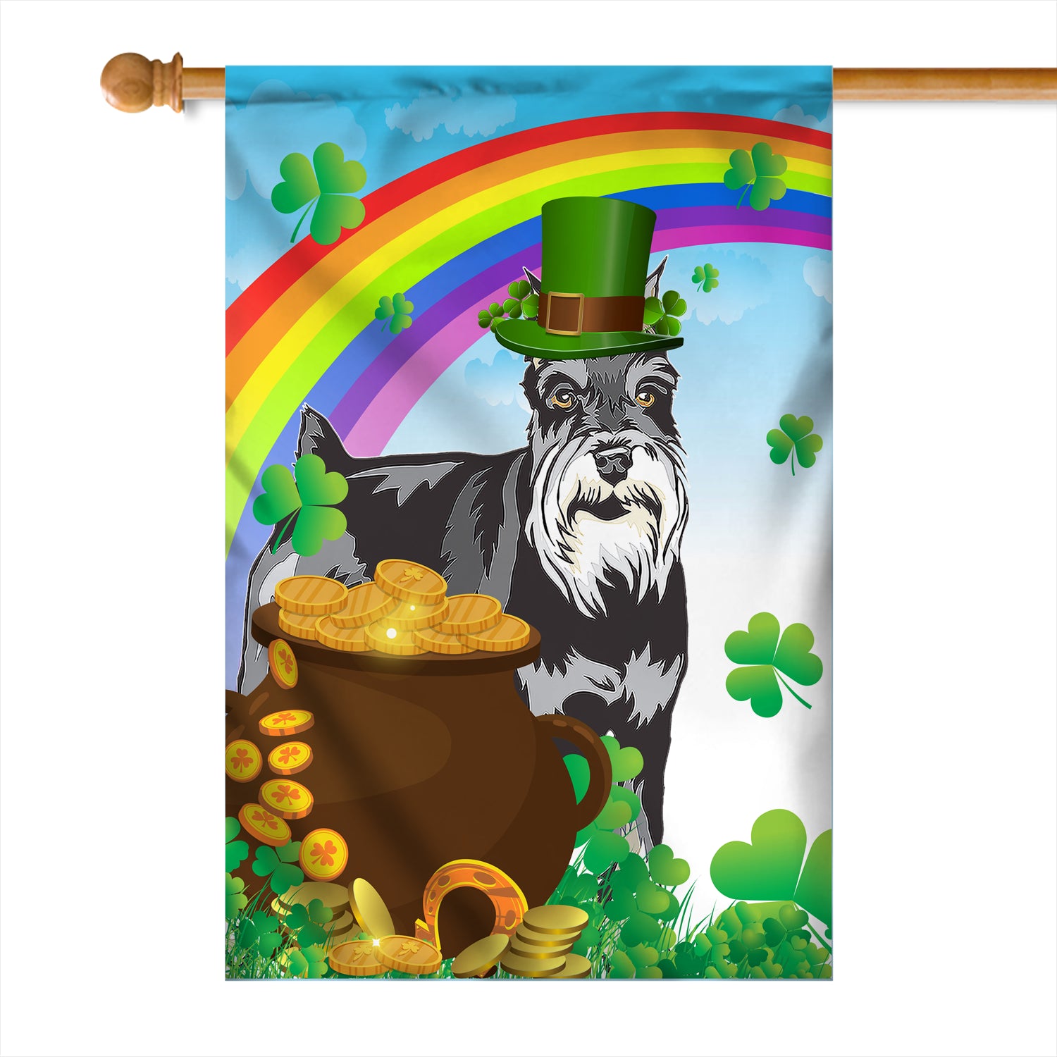 Schnauzer St Patrick's Day Dog Flag Funny Peeking Dog Wear Green Hat Golden Pot Coin Shamrock Rainbow Spring Banner for Home Decor | teecentury