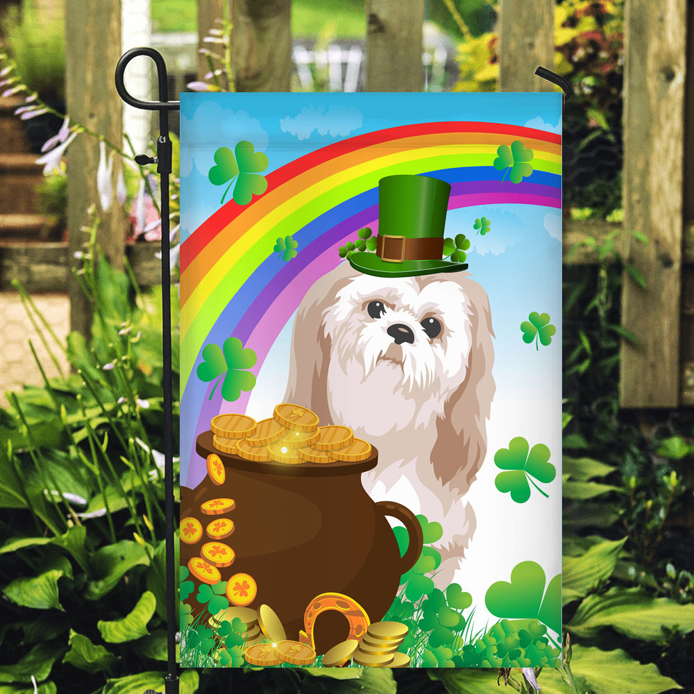 Shih Tzu St Patrick's Day Dog Flag Funny Peeking Dog Wear Green Hat Golden Pot Coin Shamrock Rainbow Spring Banner for Home Decor | teecentury