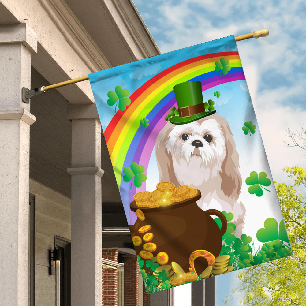 Shih Tzu St Patrick's Day Dog Flag Funny Peeking Dog Wear Green Hat Golden Pot Coin Shamrock Rainbow Spring Banner for Home Decor | teecentury
