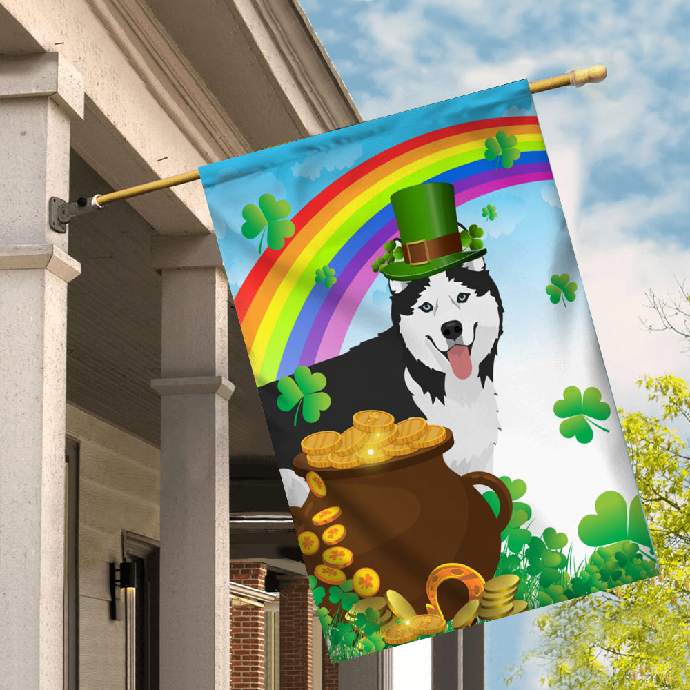 Siberian Husky St Patrick's Day Dog Flag Funny Peeking Dog Wear Green Hat Golden Pot Coin Shamrock Rainbow Spring Banner for Home Decor | teecentury