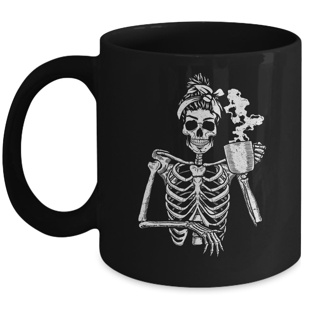 Skeleton Drinking Coffee Messy Bun Halloween Costume Mug | teecentury